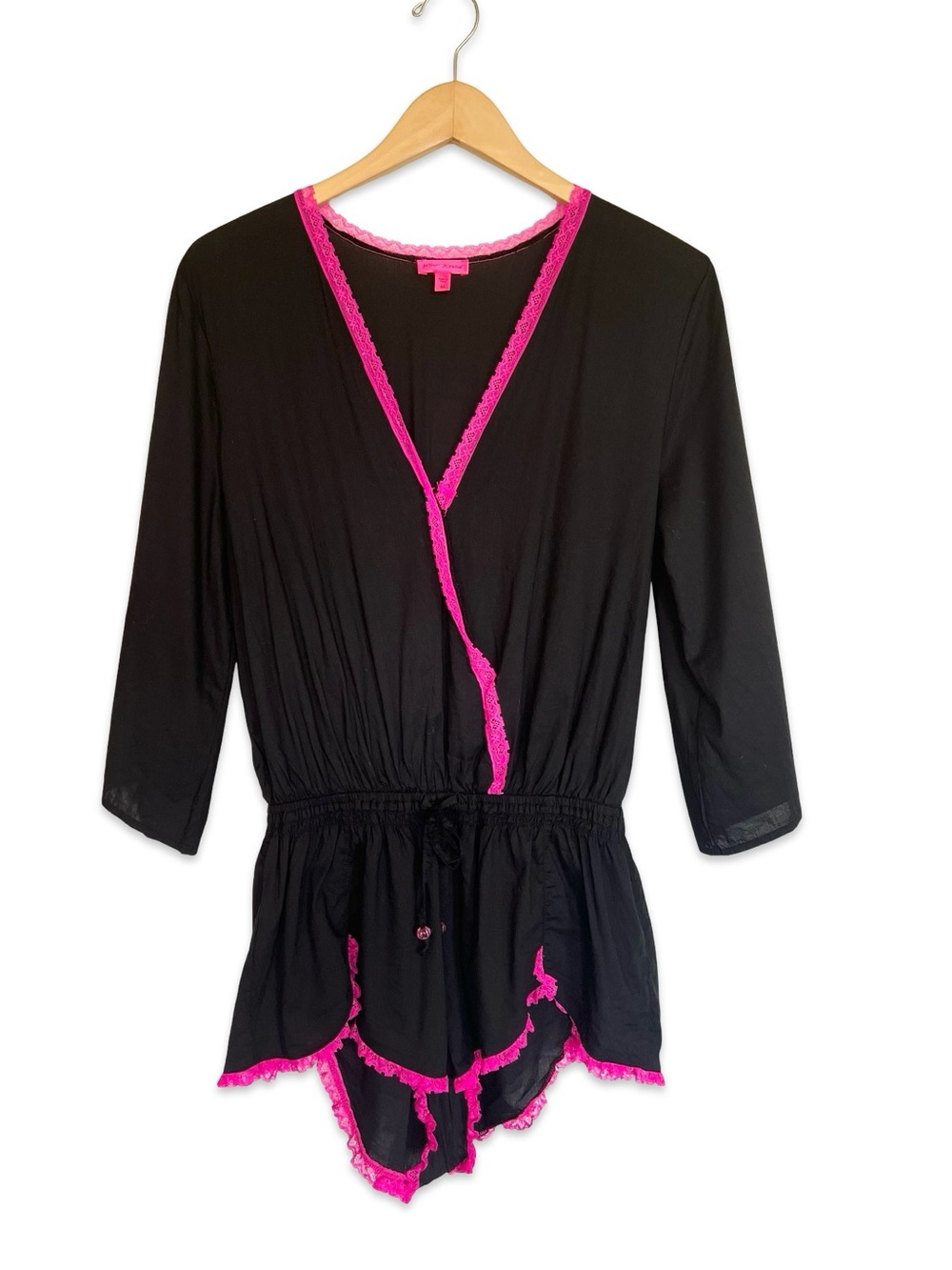 Betsey Johnson black and pink lace romper Size M Bell sleeves Coquette Frilly PJ